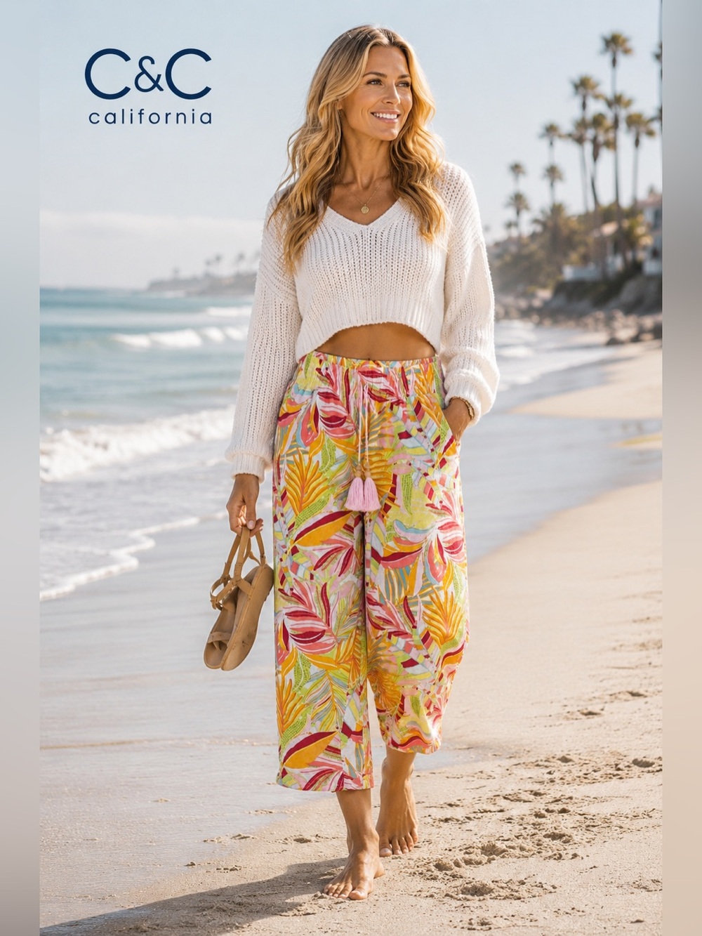 C&C California,Tropical Wide-Leg Linen Blend Pants Resort,Drawstring,EUC,SIZE XL